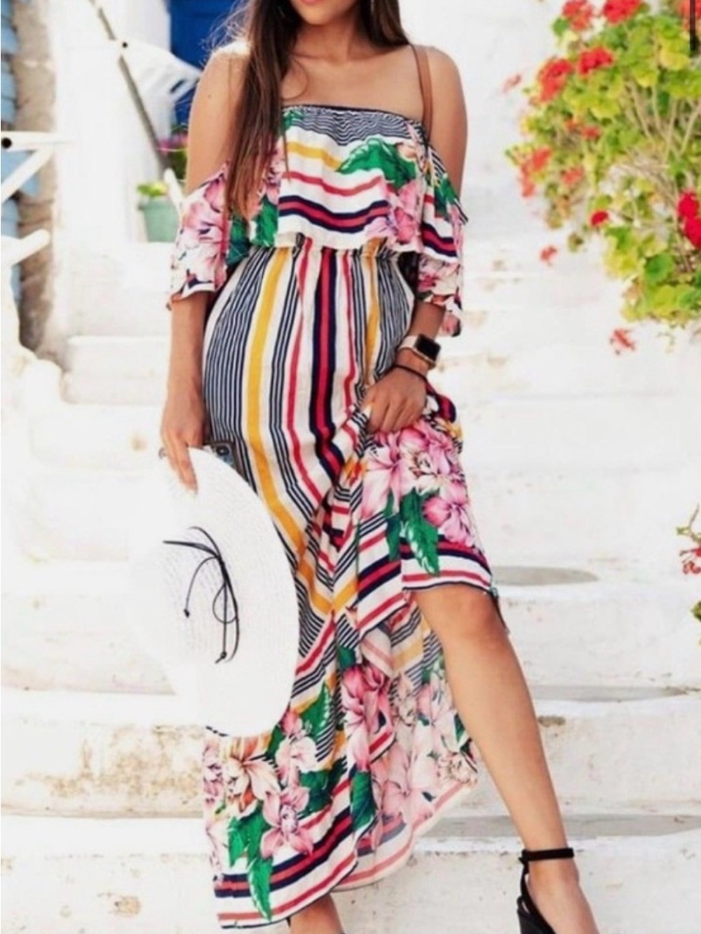 Flying Tomato Multicolor Floral Stripe Off-Shoulder Maxi Dress